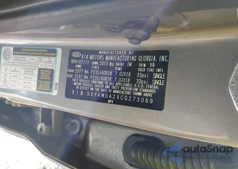 2012 Kia Sorento Sx V6 from USA, damaged, VIN 5XYKWDA2XCG273069